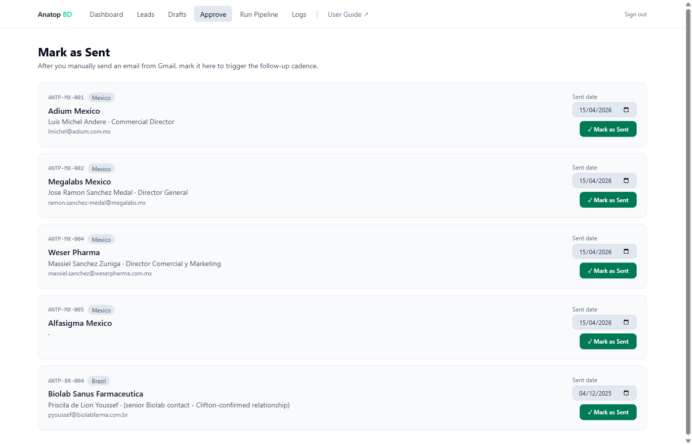 Mark as Sent page screenshot — list of contacts awaiting send confirmation, each with a date picker and 'Mark as Sent' button